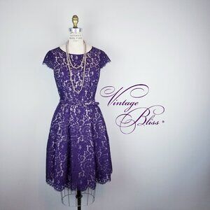 Eliza J Plum Lace A Line Cocktail Dress w/Lining, Pockets + Matching Belt Size 6